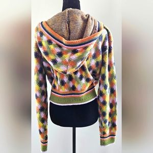Free People Sweater Zip-up w/ Hood, Diamond Pattern in Black/Green/Rust/Size Lrg